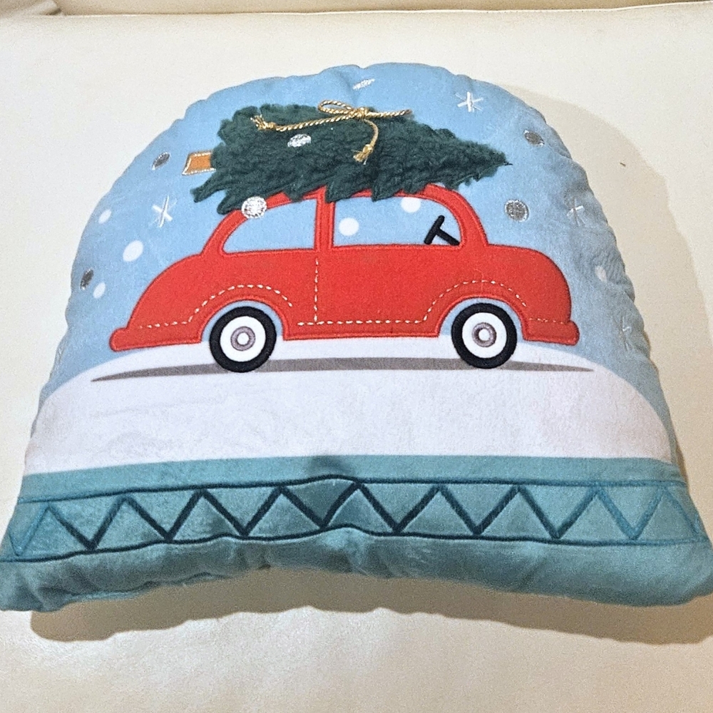 Christmas Holiday Throw Pillow Car With Tree Tied on Top in Snow